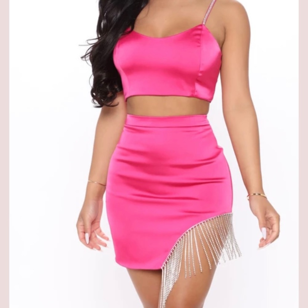 Fashion Nova Size Small Encore Rhinestone Mini Skirt Set Hot Pink.